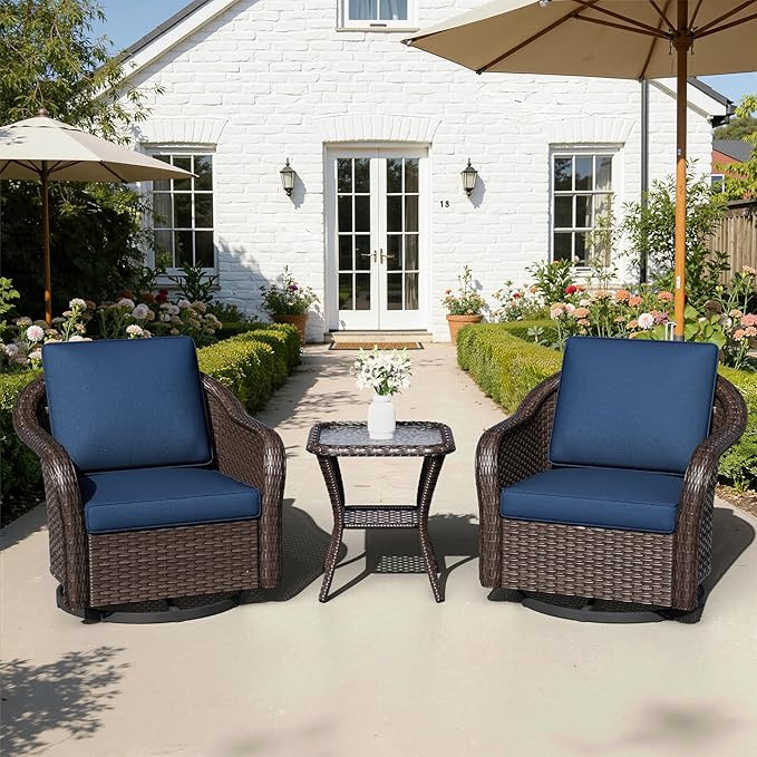 Outdoor Swivel Chairs with Side Table, Patio Wicker Chairs, Outside Conversation Furniture Set with Washable Cushions for Sunroom, Gazebo, Poolside (Navy Blue)