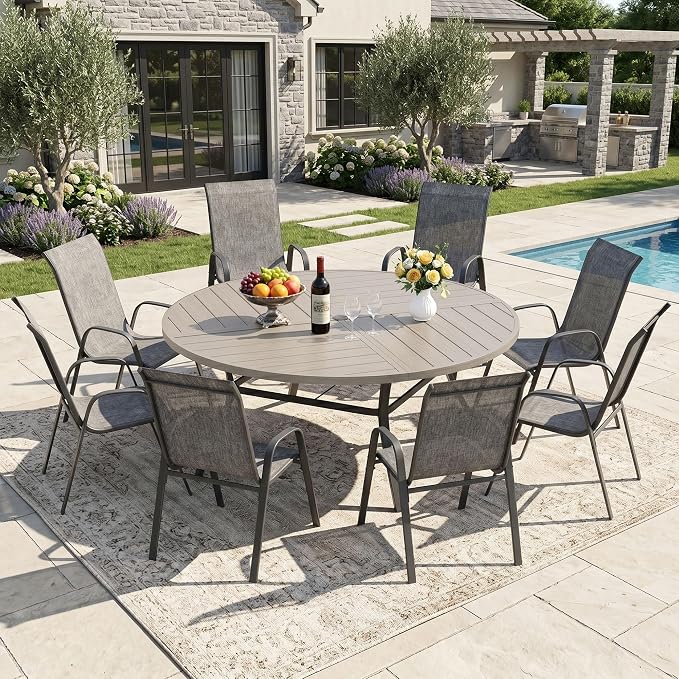 DIFY 9 Piece Outdoor Dining Set, 53" Grey Wood-Like Round Metal Dining Table and Grey Textilene Stackable Patio Chairs, Patio Table and Chairs Set for 8 with Umbrella Hole for Backyard Garden Deck