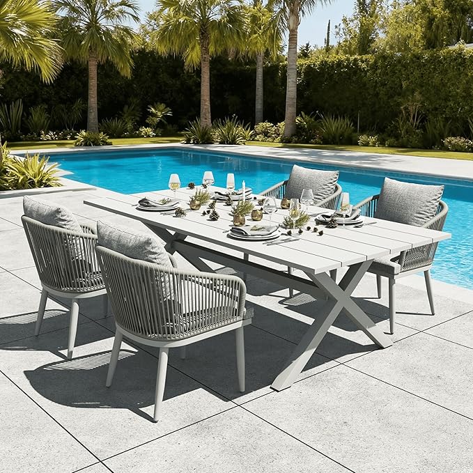 LayinSun 5 Pieces Outdoor Patio Dining Set, Aluminium Rectangular Dining Table and Wicker Rattan Chairs Set for Outside Backyard, Poolside
