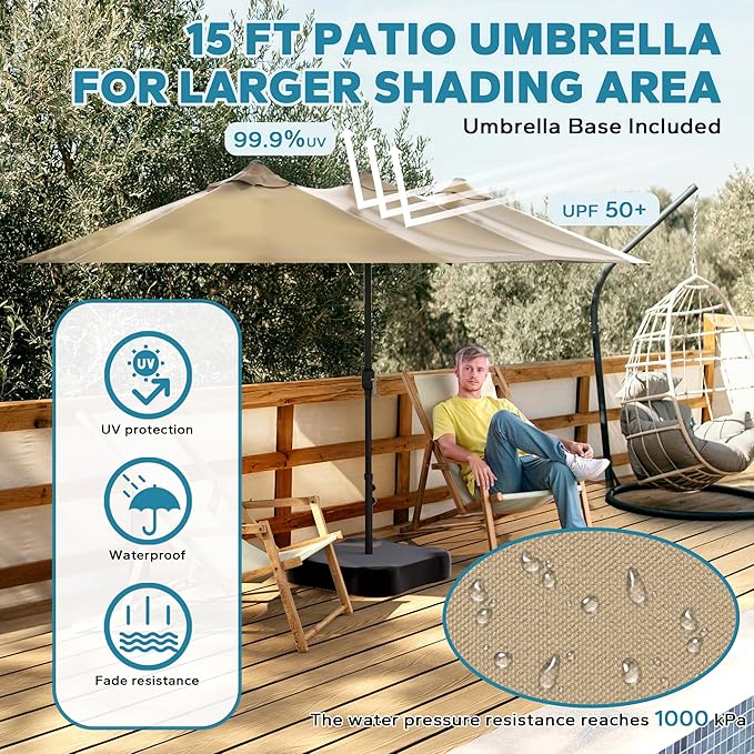 15ft Outdoor Patio Umbrella with Base Included, Double-sided Pool Umbrella with Crank Handle, Large Umbrella for Garden, Backyard (Tan)