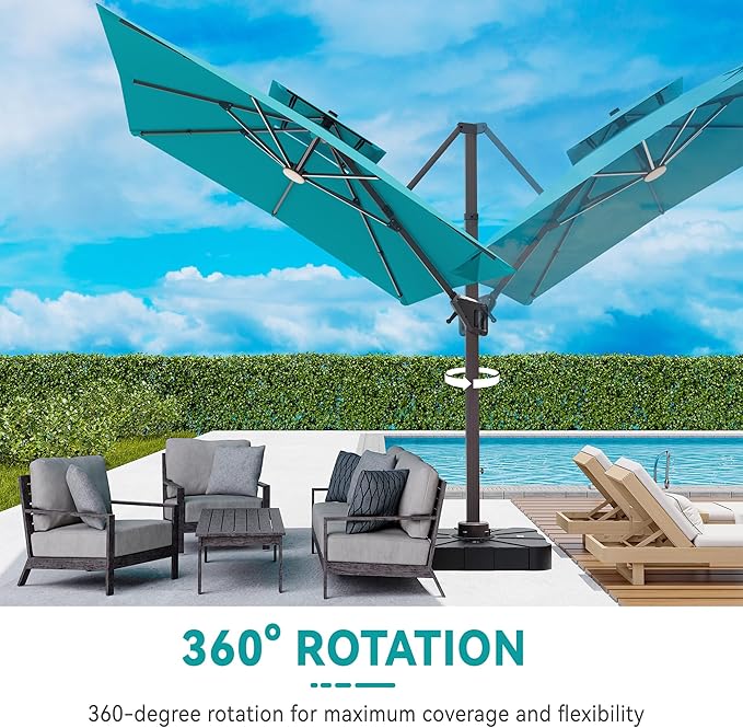 10x13 FT Cantilever Patio Umbrella with Led Lights Double Top Outdoor Rectangular Large Heavy Duty Aluminum Offset Umbrellas with 7 Level Tilt 360-degree Rotation for Pool Garden Deck, Turquoise