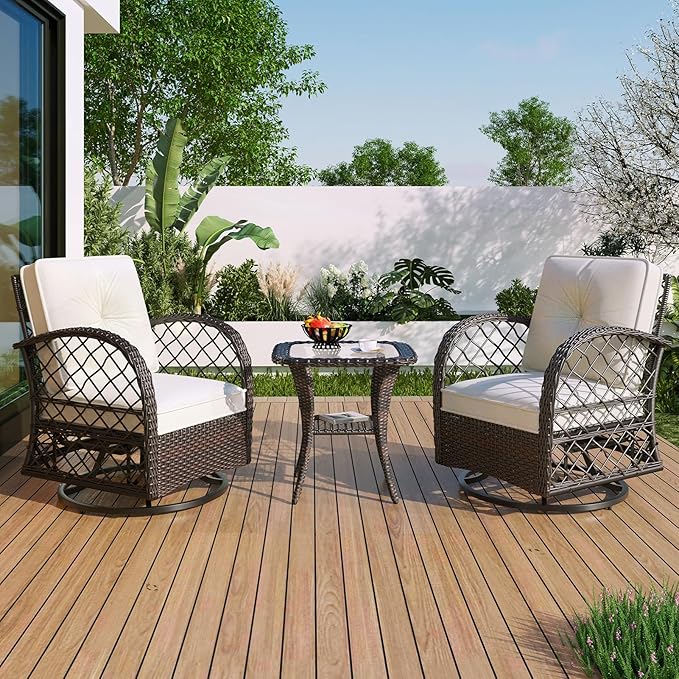 3-Piece Outdoor Chair&Table Set Chat Set, Patio Wicker Chairs Swivel Rocker, Patio Conversation Set with Two Swivel Chairs and a Square Table, 2-Person Rattan Seating Groupfor Deck Backyard, Brown