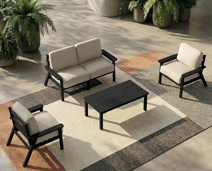 HDPE 5 Piece Patio Furniture Set, Outdoor Sectional Furniture with Beige Washable Thick Cushions & Coffee Table, Patio Conversation Sets for Garden, Porch, Balcony, Deck (Black Frame)