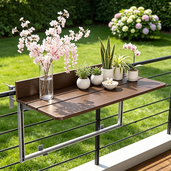 Foldable Balcony Bar Table for Railings, Folding Hanging Deck Rail Table for Small Apartment Patio,Outdoor Garden, 5-Level Adjustable Height, Rustproof,Weather Resistant, Easy Assembly