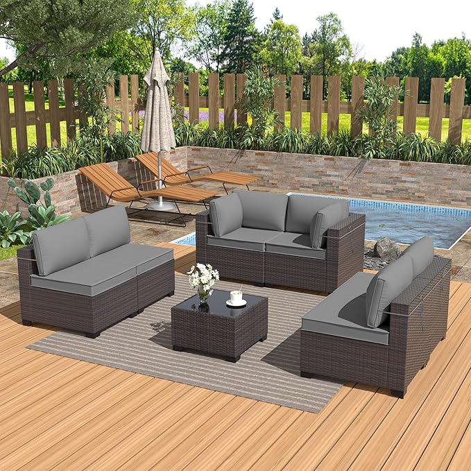 Patio Furniture Set 7PCS Outdoor Furniture for Backyard Sectional Sofa Set, Rattan Wicker Patio Conversation Set with 4 Inch Thickened Cushions and Glass Coffee Table, Grey