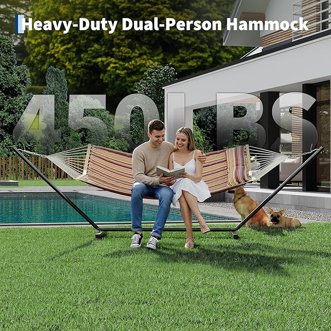 2 Person Double Hammock with Adjustable Steel Stand & Pillow, Heavy Duty Portable Outdoor Hammock Set, MAX 450 LBS Weight Capacity for Patio, Garden, Beach, Backyard