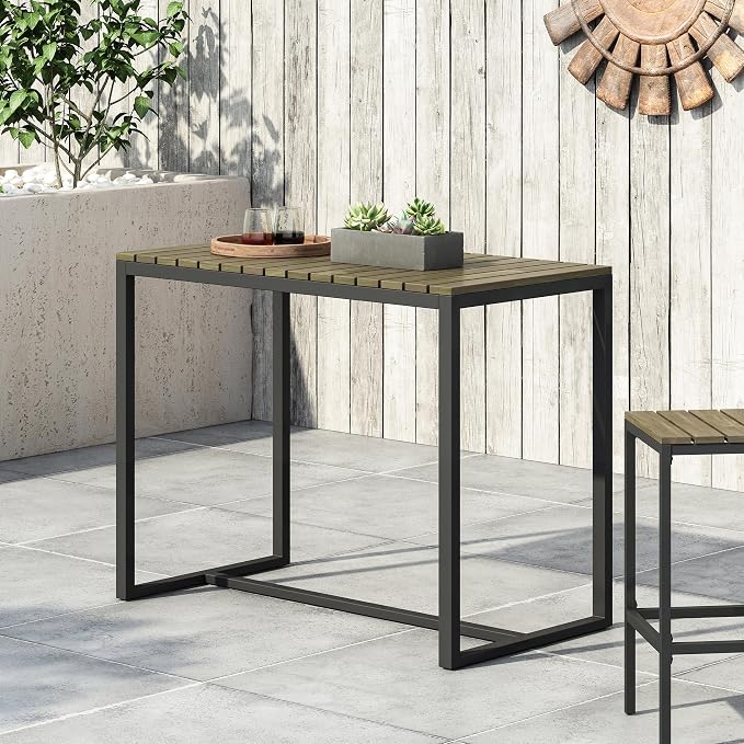 Industrial Acacia Wood Outdoor Bar Table with Metal Frame & Slat Design - Weather-Resistant Patio Furniture for Entertaining (51.25" W x 27.50" D x 40.25" H)