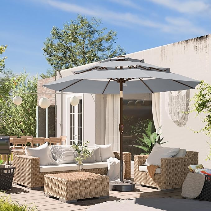 9FT 3-Tier Large Outdoor Patio Umbrella Market Table Umbrella-UV Resistant,Easy Push Button Tilt and Crank,8 Sturdy Fiberglass Ribs Heavy-Duty Pool Umbrella for Deck,Backyard,Garden,Yard,Light Gray