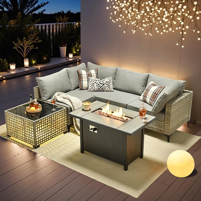 Outdoor Patio Furniture Sets,6 PCS Patio Conversation Set Outside Rattan Sectional Sofa with 42 in Fire Pit Table&Coffee Table Fit Backyard Porch Garden Poolside Balcony