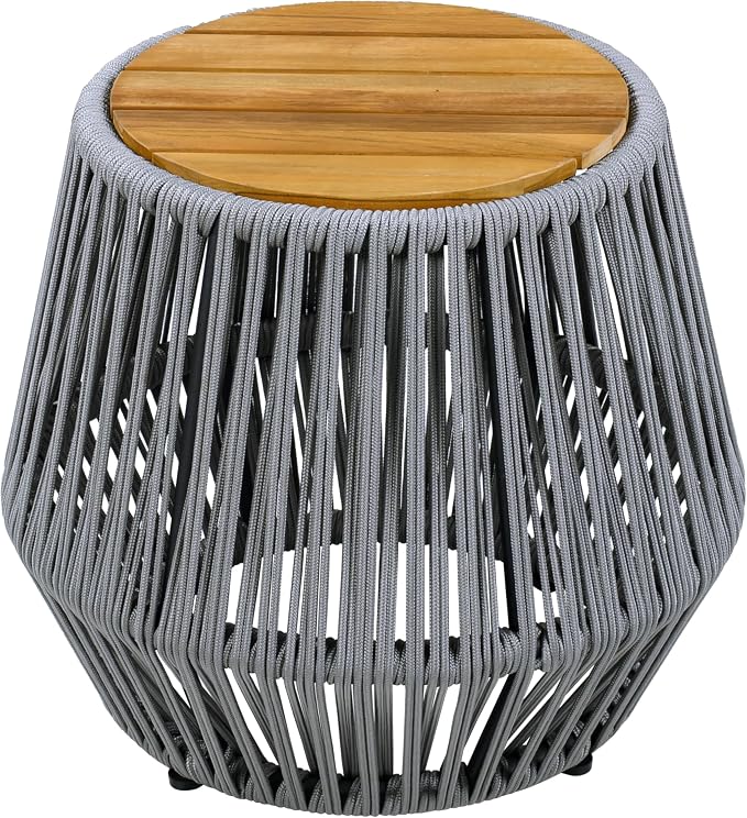 Acacia Wood Side Table, Grey Rope Base, Teak Finish