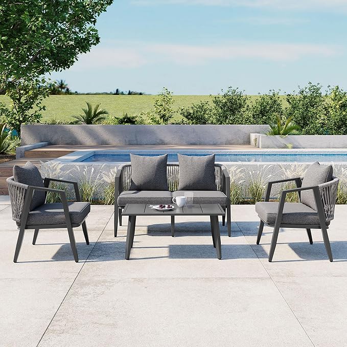 Montary 4-Piece Outdoor Patio Furniture Set, U-Shaped Iron-Frame Conversation Set with Weather-Resistant Cushions & Metal Coffee Table - Durable for Garden, Backyard, Balcony, Poolside (Gray)