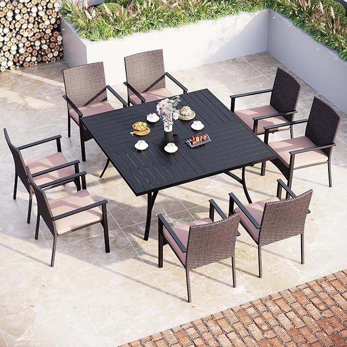 MFSTUDIO 9 Piece Outdoor Dining Set for 8, Square Metal Dining Table & Cushioned Rattan Chairs, Patio Metal Dining Furiture Set for Patio, Deck, Yard