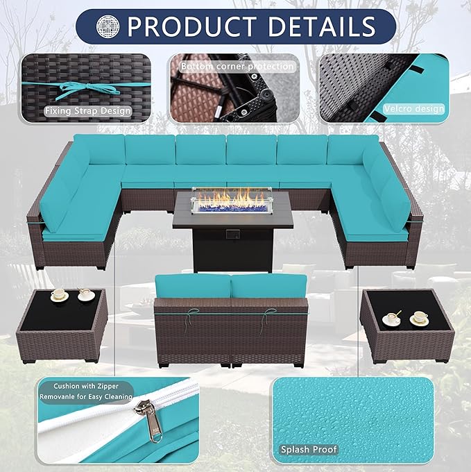Outdoor Terrace Furniture Set, 15 Piece Outdoor Furniture Set, with 43 inch Aluminum 55004 BTU Propane fire Pit, PE Willow Vine Terrace Dialogue Set - Teal.