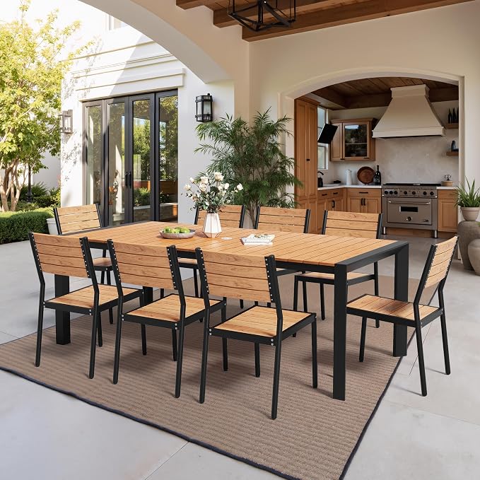 Crestlive Outdoor Dining Table for 8, Patio Table with Umbrella Hole, Aluminum Frame & WPC Wood-Like Tabletop Ideal for Garden, Backyard, and Indoor