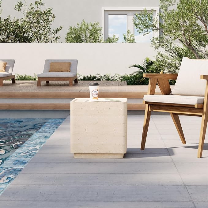 HOMPUS Outdoor Side Table Rectangular, Concrete Cement Side Table Lightweight MgO End Table, Patio Accent Coffee Table Garden Tool for Patio, Porch and Deck, Milky Yellow