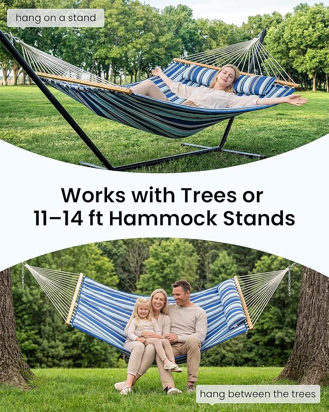Double Hammock with Spreader Bar & Pillow, 2-Person Portable Hammock, 500lbs Capacity for Outdoor Camping, Patio, Backyard, Garden, Beach & Travel Relaxation – Blue