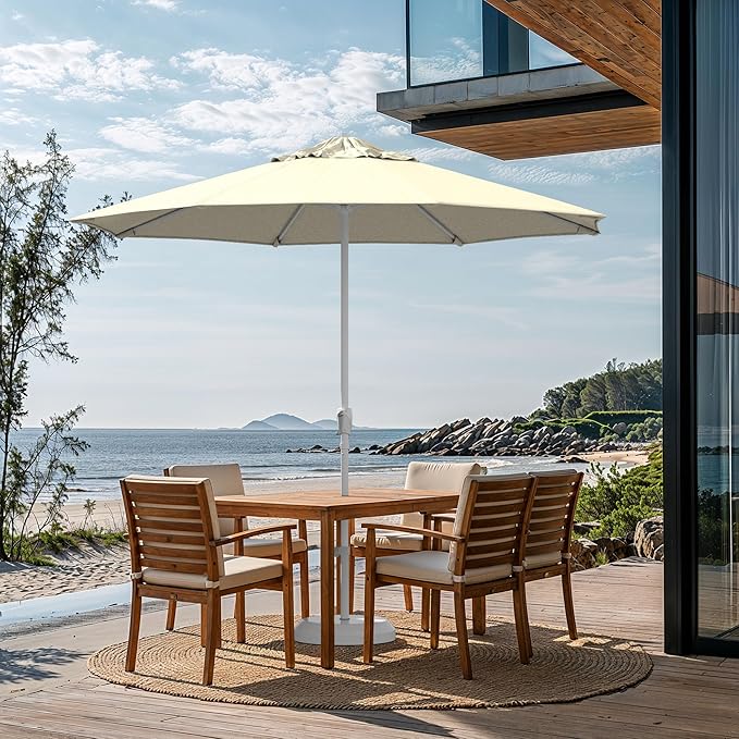 California Umbrella 10-Year Protection 9 Ft Outdoor Patio Umbrella, Pacifica Fade-Resistant Fabric, Auto-Tilt, Heavy Duty Aluminum Frame, 8 Reinforced Ribs for Pool or Deck, White Pole, Canvas