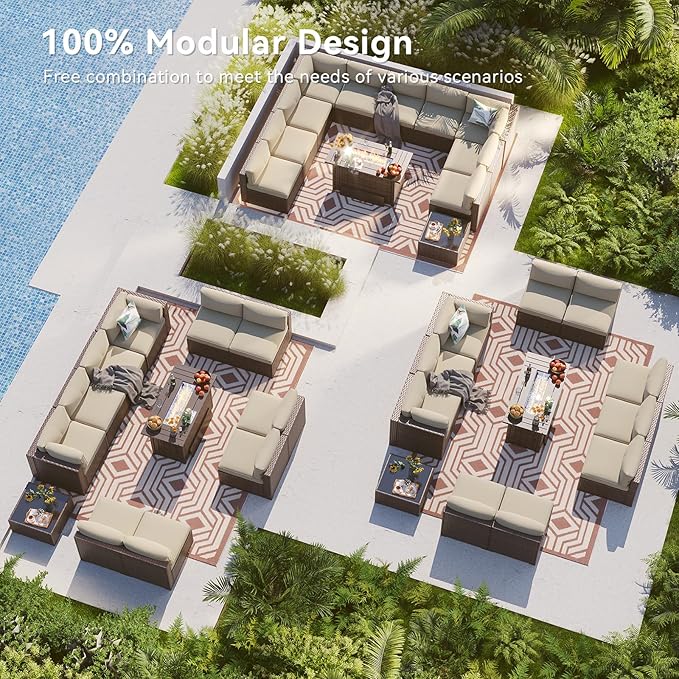LazySunsets 12 Piece Outdoor Patio Furniture Set with 44'' Fire Pit Table, Outdoor Patio Furniture Sets with Waterproof Cover, Wicker Rattan Outdoor Conversation Set for Backyard & Garden, Beige