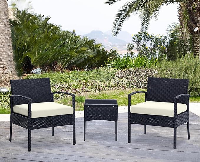 Manhattan Comfort Noli 3-Piece Patio Conversation Set, Outdoor Furniture Made of Steel Rattan | Includes 2 Modern Armchairs, Tempered Glass End Table, Removable Waterproof Cushions, Cream