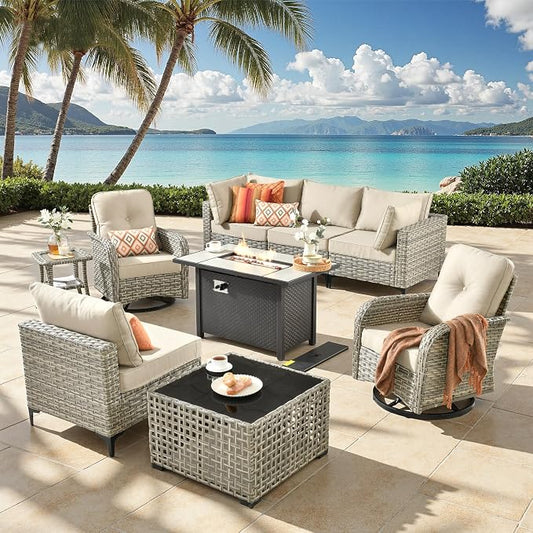 9-Piece Outdoor Patio Furniture Set with Fire Pit Table, Outdoor Conversation Wicker Sofa with Swivel Chairs, Rattan Couch with Coffee Table for Deck, Backyard, Poolside (Beige)