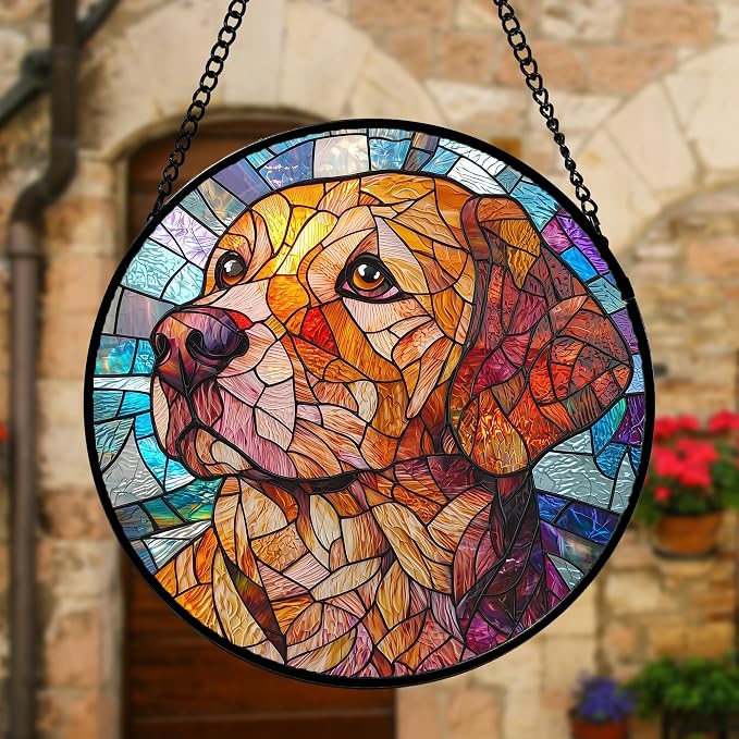 DASTOLL Stained Glass Window Hanging, Cute Dog Abstract Sun Catchers Colorful Glass Panel Texture Suncatcher Decor for Birthday for Women, Men, Wife, Aunt, and Mom 7.8 in