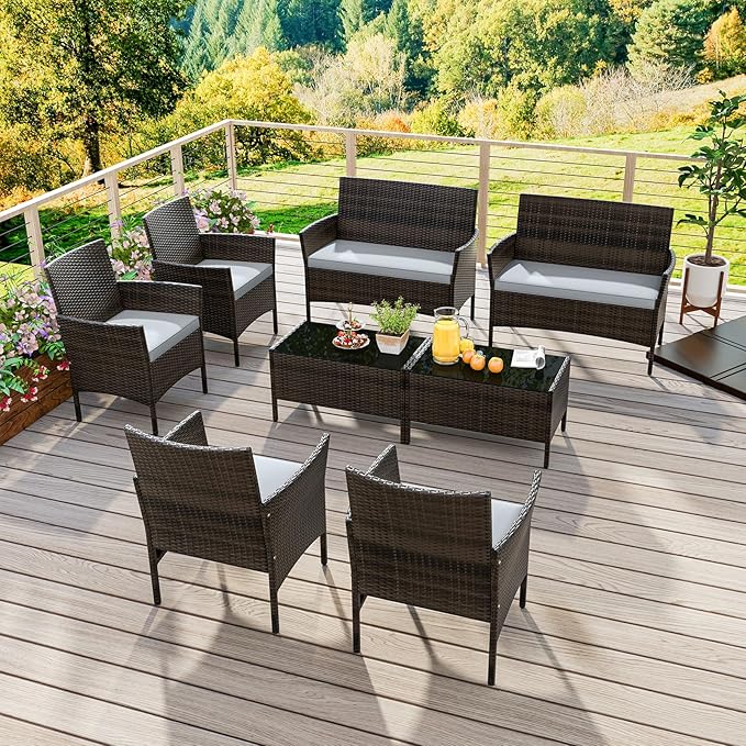 HAPPYGRILL 8 Pieces Outdoor Rattan Conversation Set, Patio Wicker Furniture Set with Loveseat Chairs & Tempered Glass Coffee Table, Outside Sectional Sofa Set for Backyard Garden Poolside