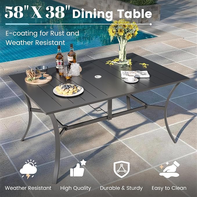 7 Pieces Patio Dining Set, Patio Outdoor Furniture Set of 6 Patio Swivel Dining Chairs and Patio Spliced Rectangular Tabletop with Umbrella Hole, for Deck, Backyard, Poolside & Garden