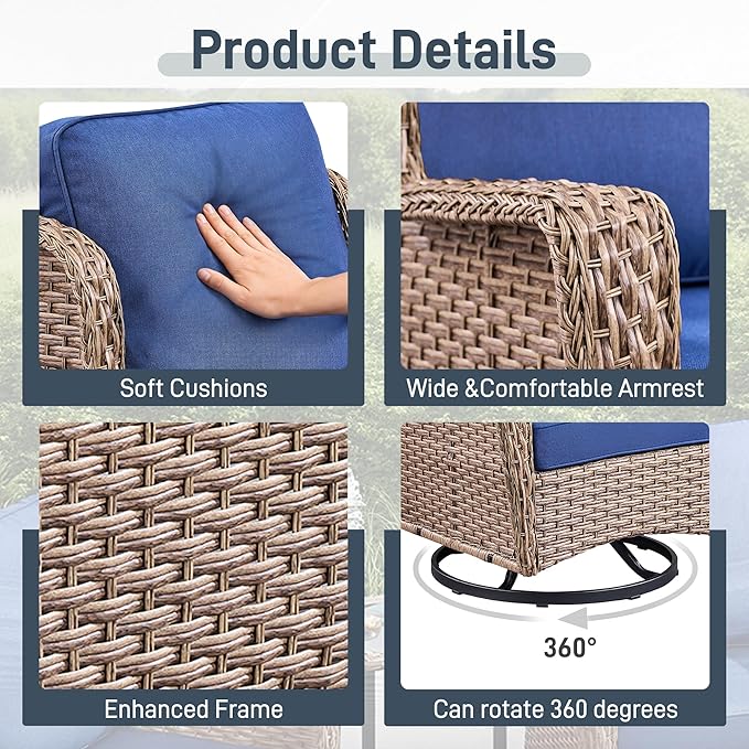 3 Piece Patio Furniture Set, Outdoor Wicker Swivel Chair Set with Side Table, All-Weather Cushioned Patio Conversation Set for Small Spaces, Porch, Balcony,Blue