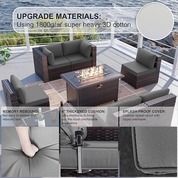 Kullavik 8 Pieces Outdoor Patio Furniture Set,Sectional Sofa Set with 43" 55000 BTU Gas Propane Fire Pit Table,Brown PE Rattan Wicker Patio Conversation Set,Grey