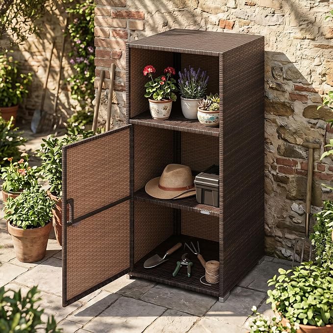 Tangkula Rattan Outdoor Storage Cabinet, Patiojoy PE Wicker Outdoor Cabinet with 3 Storage Shelves, Open Compartment and Door, Patio Storage Deck Box for Porch, Poolside, Backyard
