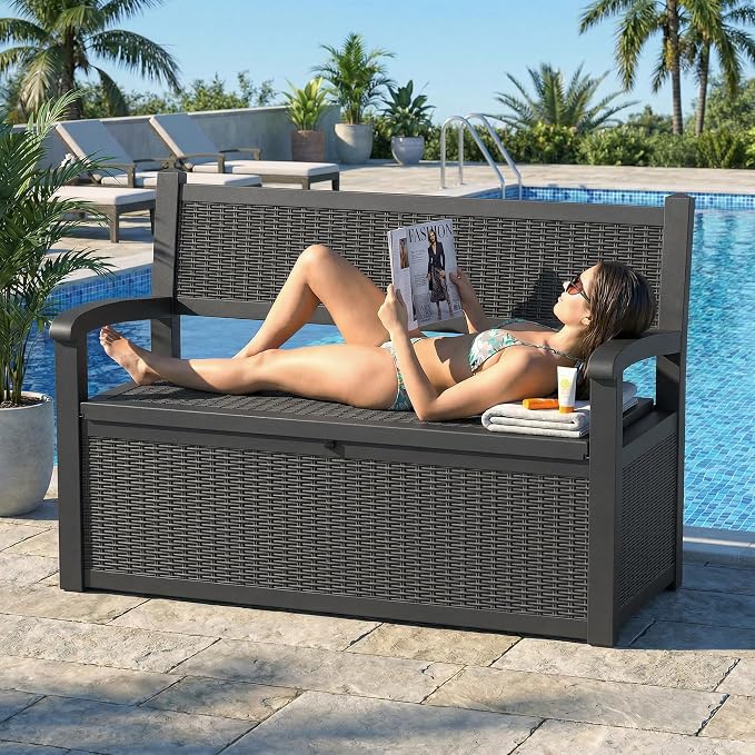 DRATO 75 Gallon Storage Bench Deck Box Outdoor Indoor,Lockable Durable All-Weather Seating with Hidden Storage,Deck Storage for Garden, Pool, Patio,Black