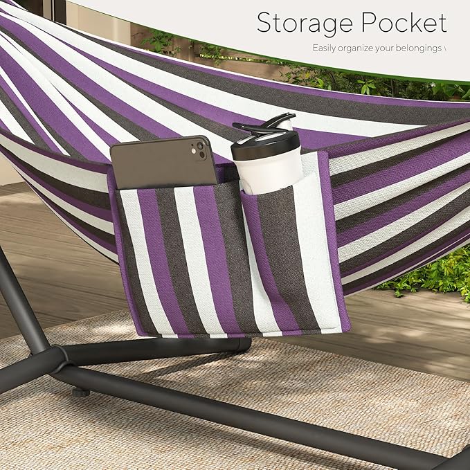 600lbs Hammock with Stand for Outside, 2 Person Portable Hammock with Side Storage, Carrying Bag, Expend Wooden Bar for Outdoor or Indoor (Purple Black)