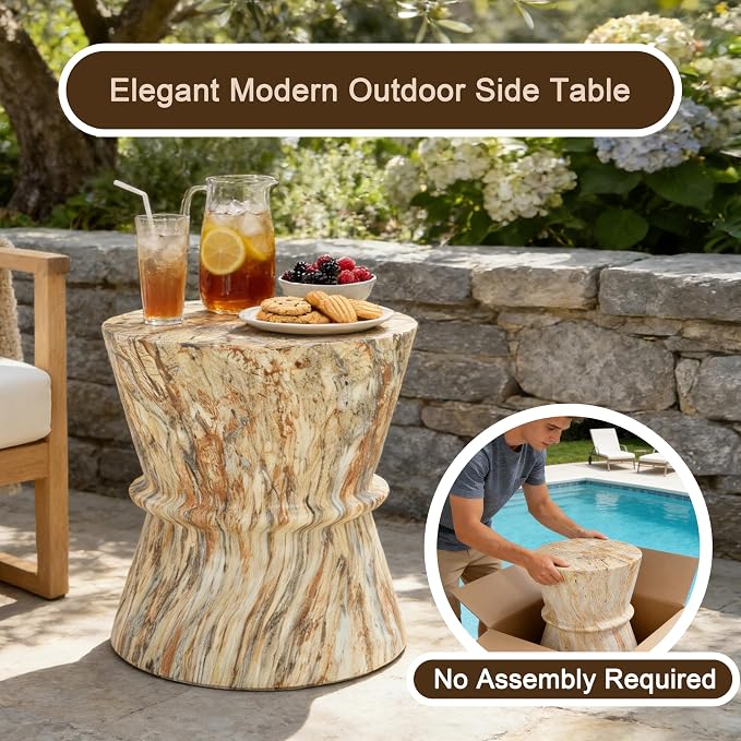 Modern Outdoor Side Table Round Concrete Side Tables with Faux Stone Finish,MGO Hourglass Patio End Table for Living Room Garden Balcony,Fully Assembled,Amber Brown