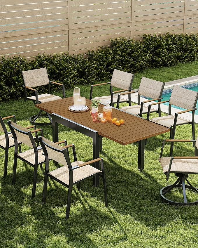 Expandable Patio Dining Table, Never-Rust Aluminum Extendable Outdoor Dining Table for 4-8 Person, 38"-77" Adjustable Indoor Outdoor Expandable Patio Table for Garden, Porch, Deck, Teak
