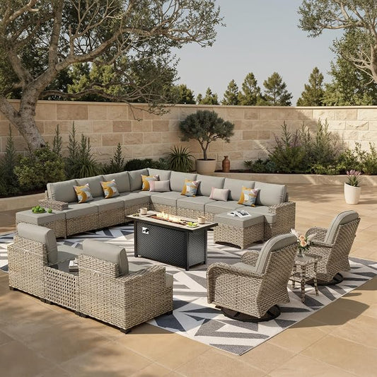 HOOOWOOO Sectional Patio Furniture Set with Fire Pit Table,17 Pieces Wicker Outdoor Furniture L Shaped Couch,Outside Conversation Set Extra Deep Sofa Wide Arm Swivel Chairs Ottoman Light,Dark Gray