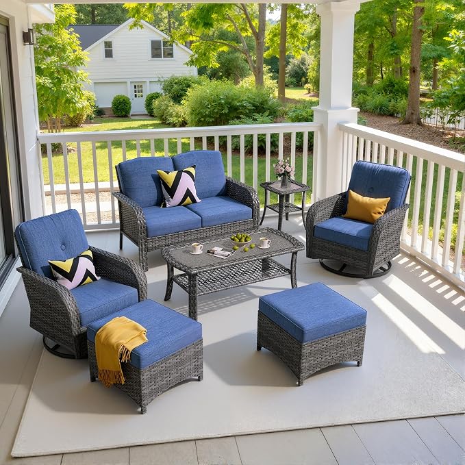 7 Piece Wicker Patio Furniture Set with Swivel Rocker Chairs, Blue | High Back Rocking Chair Sofa, Heavy Duty All Weather Rattan Outdoor Conversation Set, Thick Cushion, Balcony Porch Backyard