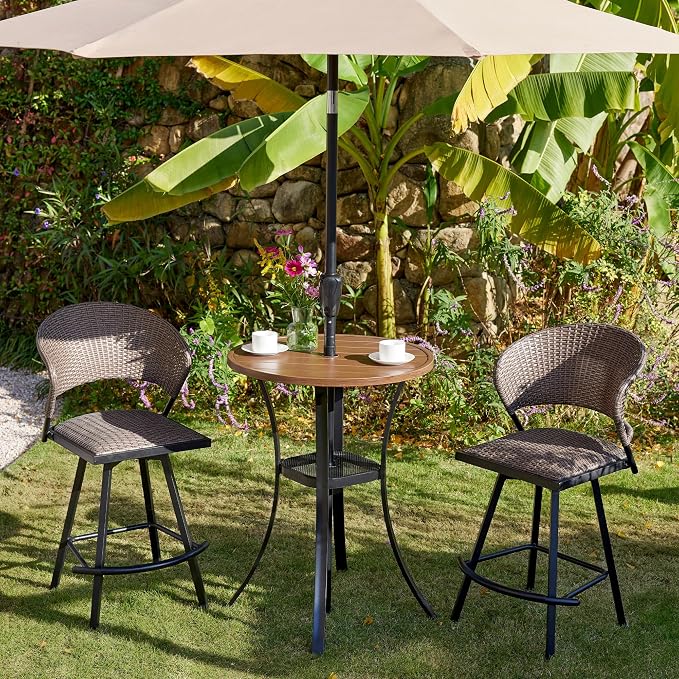 VICLLAX Outdoor Bar Table, 28" Wide Round Patio Bar-Height Table Weather Resistant Metal Slatted Tabletop with Umbrella Hole for Front Porch Deck, Backyard, Walnut