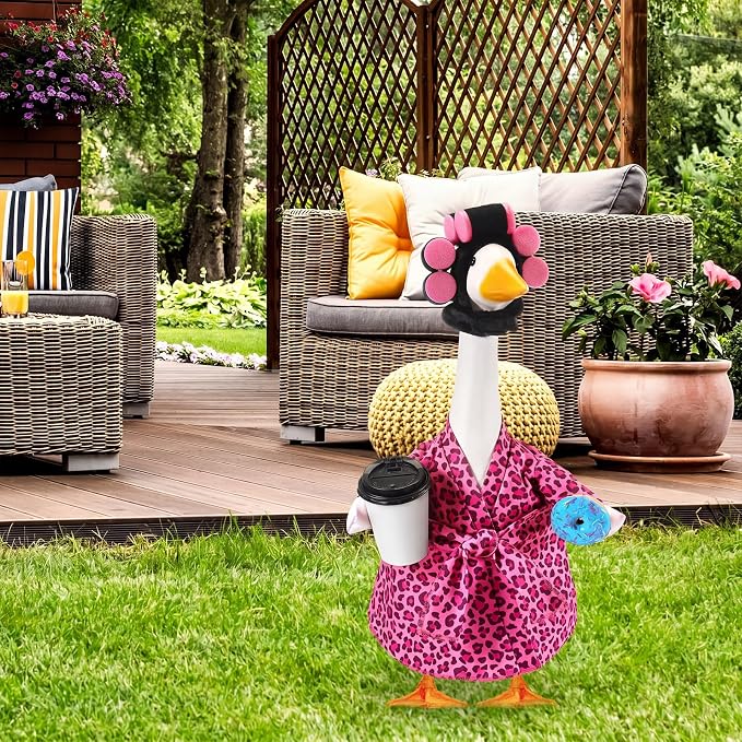 Shyyween Lady Porch Goose Outfit for 23'' Cement Plastic Lawn Goose Statue Clothes Pink Leopard Bathrobe Coffee Cup Curlers for Outdoor Garden Yard Patio Decoration