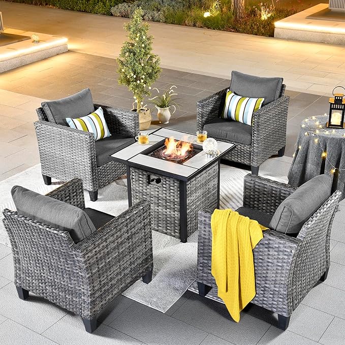 ovios 5 Pieces Patio Furniture Set, Outdoor Wicker Rattan Chairs of 4 with 30" Fire Pit Table, High Back Chair Conversation Sets for Porch Deck Garden, Dark Grey
