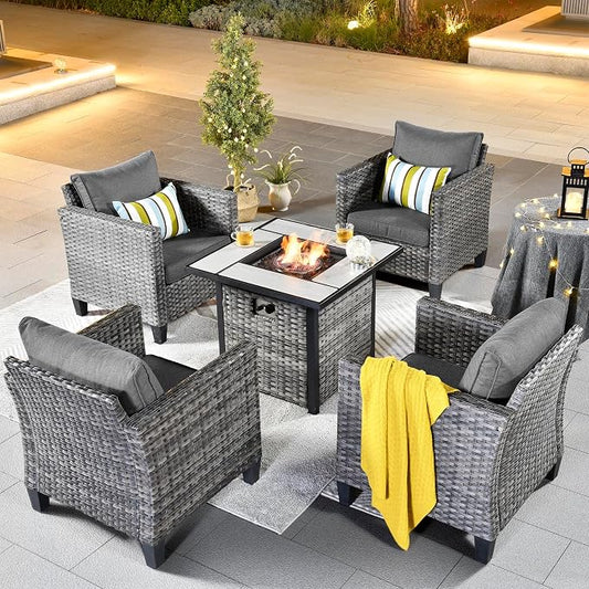 ovios 5 Pieces Patio Furniture Set, Outdoor Wicker Rattan Chairs of 4 with 30" Fire Pit Table, High Back Chair Conversation Sets for Porch Deck Garden, Dark Grey