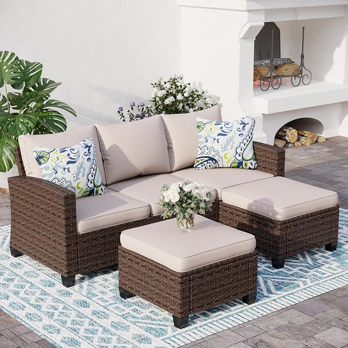 SUNSHINE VALLEY Outdoor Patio Furniture Set, 5-Seat L-Shaped Patio Couch Set with 2 Ottomans, Durable Rattan Outdoor Sofa Set for Small Patios, Modular Outdoor Couch Set for All-Weather Use, Beige