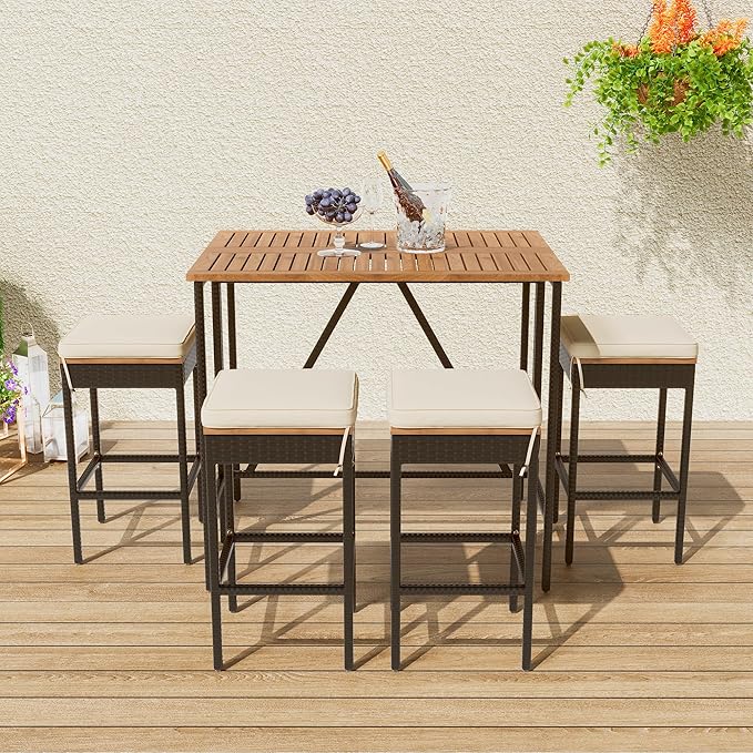 RUNNA Outdoor Acacia Wood Bar Height Table and Four Stools with Cushions, Garden PE Rattan Wicker Dining Table, Foldable Tabletop, High-Dining Bistro Set, All-Weather Patio Furniture