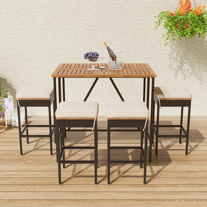 5-Piece Outdoor Patio Dining Set, Acacia Wood Bar Height Table with Foldable Tabletop and Four Stools with Cushions, High-Dining Bistro Set