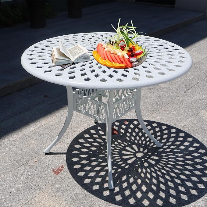 42" Outdoor Dining Table, Round Patio Tables with Umbrella Hole, Cast Aluminum Garden Table Outdoor Furniture Table (White)