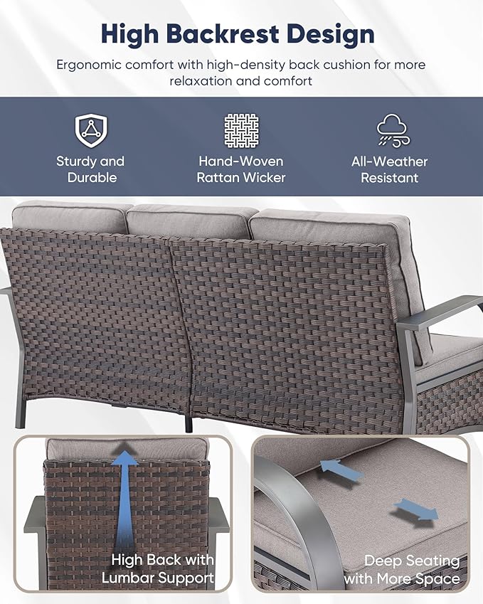 HUMMUH Outdoor Patio Furniture Sets-Wicker Patio Furniture Couch and Swivel Rocker Chairs Conversation Set for Deck Porch Garden Poolside Backyard-Brown/Grey