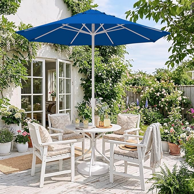 California Umbrella 8-Year Protection 7.5 Ft Outdoor Patio Umbrella, Solstice Fade-Resistant Fabric, Auto-Tilt, Heavy Duty Aluminum Frame, 8 Reinforced Ribs for Pool or Deck, White Pole, Royal Blue