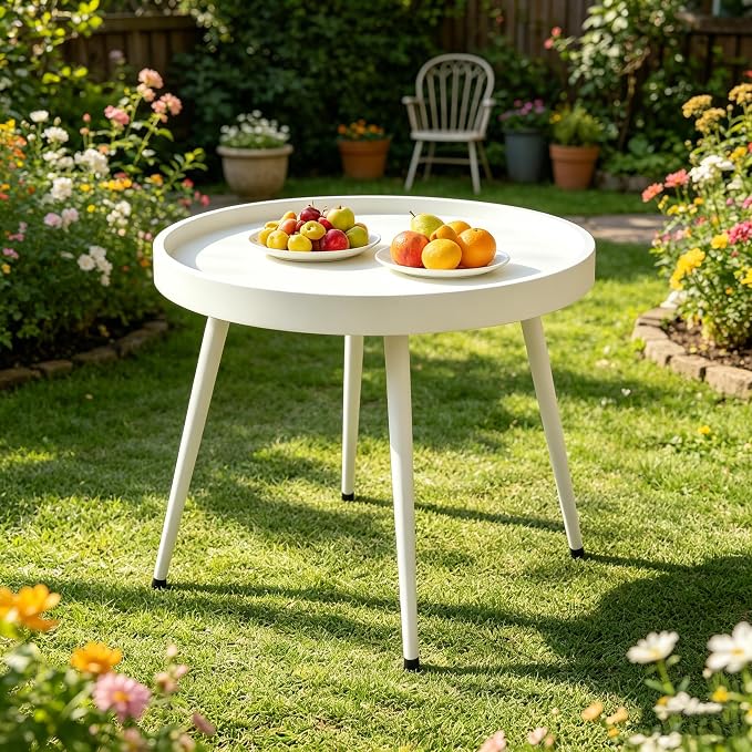 Small Round Side Table - Outdoor Indoor Metal Side Table with Anti-Fall Fence - Small Coffee Drink End Tables for Patio, Living Room Bedroom Porch -White