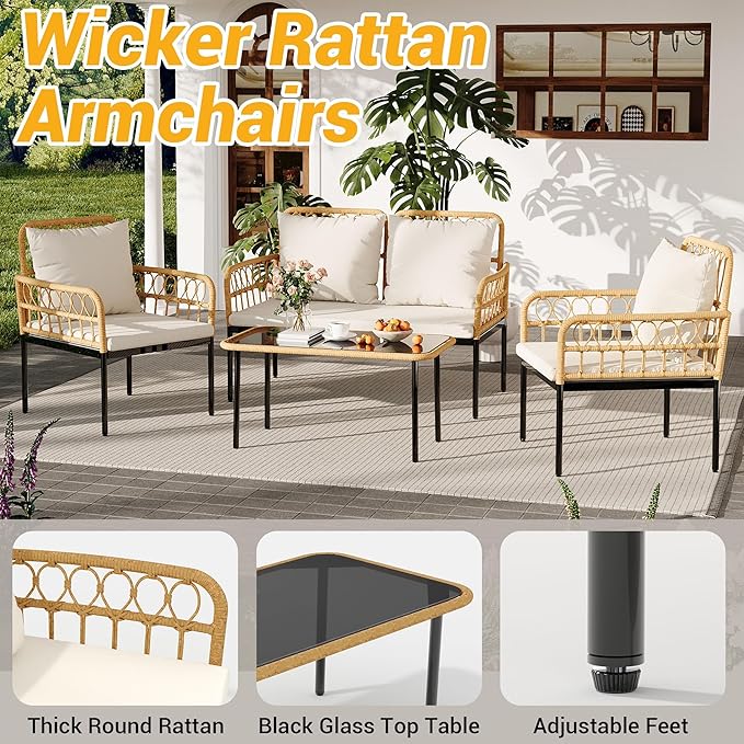 4 Piece Outdoor Patio Furniture Set PE Wicker Loveseat and Chairs with Glass Coffee Table Bohemian Rattan Conversation Set for Patio Garden Balcony