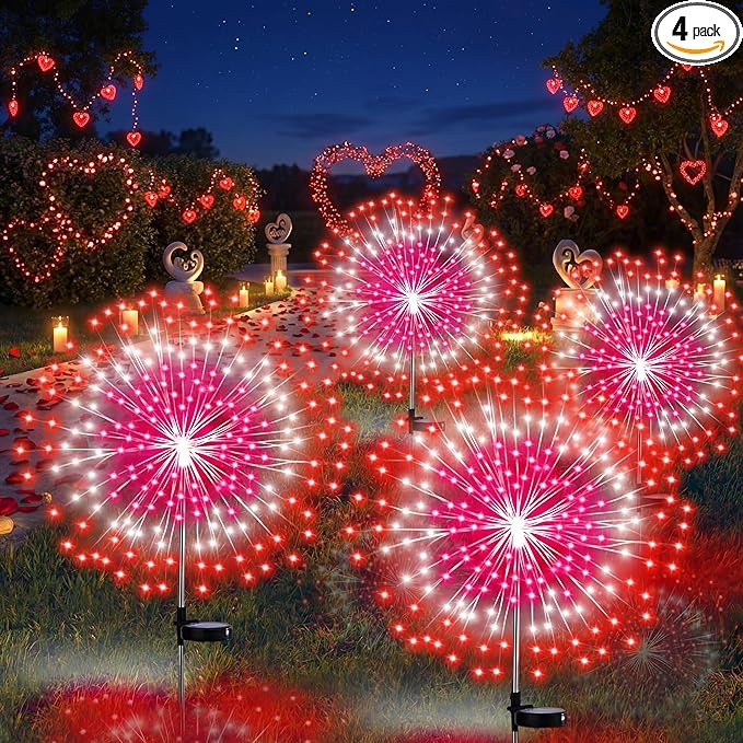Tujoe 4 Pack Valentines Day Solar Firework Lights 180 LED 8 Lighting Modes Waterproof Solar Lamps Decorative Garden Stake Lights for Valentines Wedding Party Pathway Patio Decor