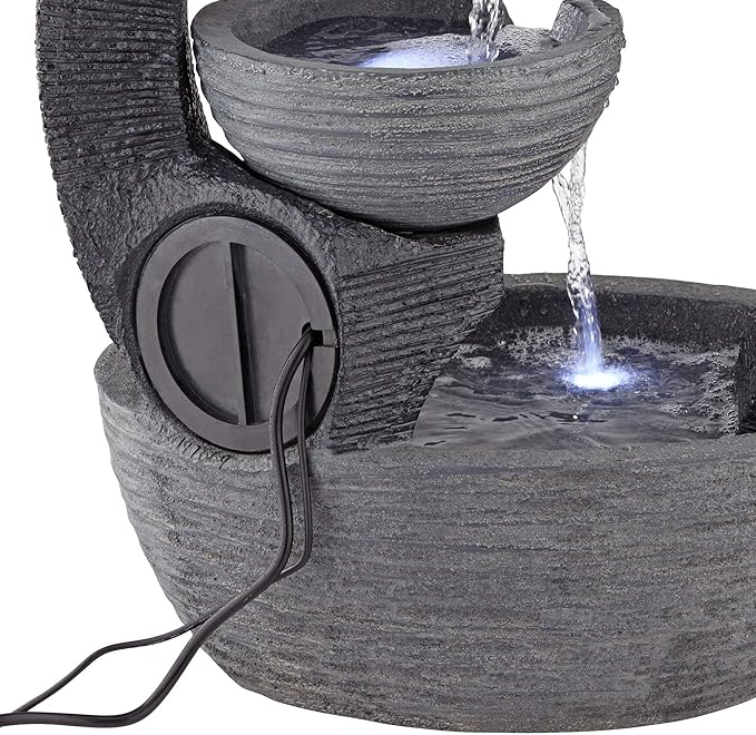 Three Cup 31 1/2" High Large Modern Indoor Outdoor Decor Gray Faux Stone Floor Fountain with Light LED Waterfall Cascading Water Feature for Outside Garden Patio Yard Backyard - John Timberland